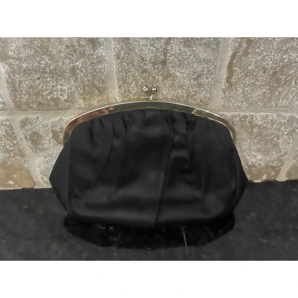 L&M MADE by EDWARDS Vintage BLACK SATIN EVENING BAG with Gold &‎ Crystal Border